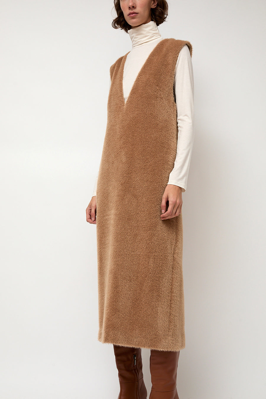 Sayaka Davis Eco Fur Deep V Dress in Camel