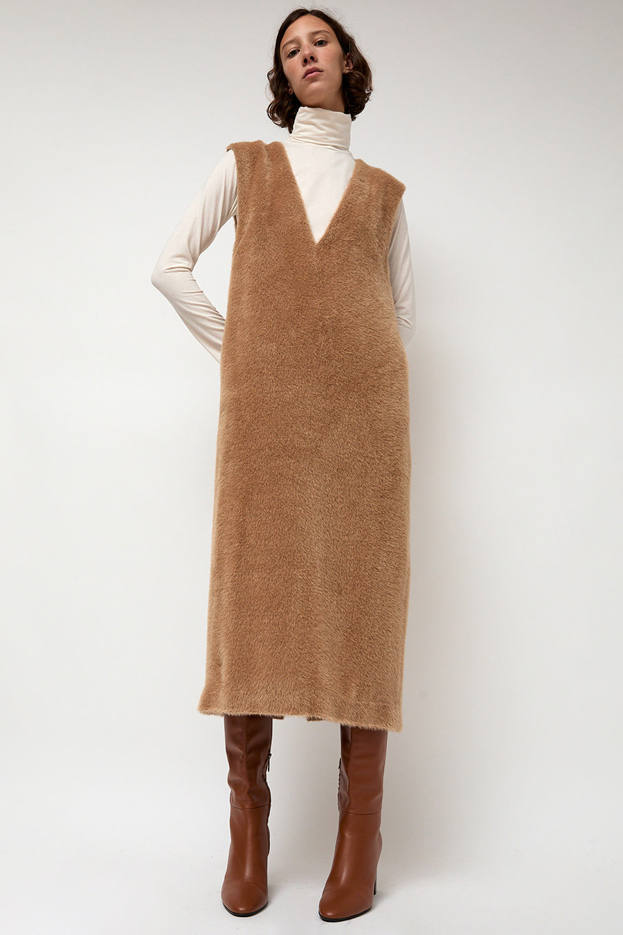 Sayaka Davis Eco Fur Deep V Dress in Camel