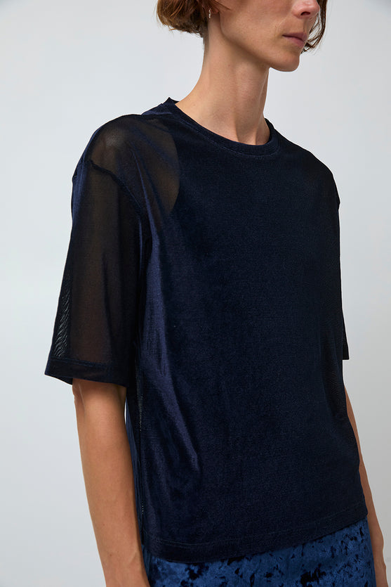 Simone Wild Mesh Velvet Oversized Tee in Marine