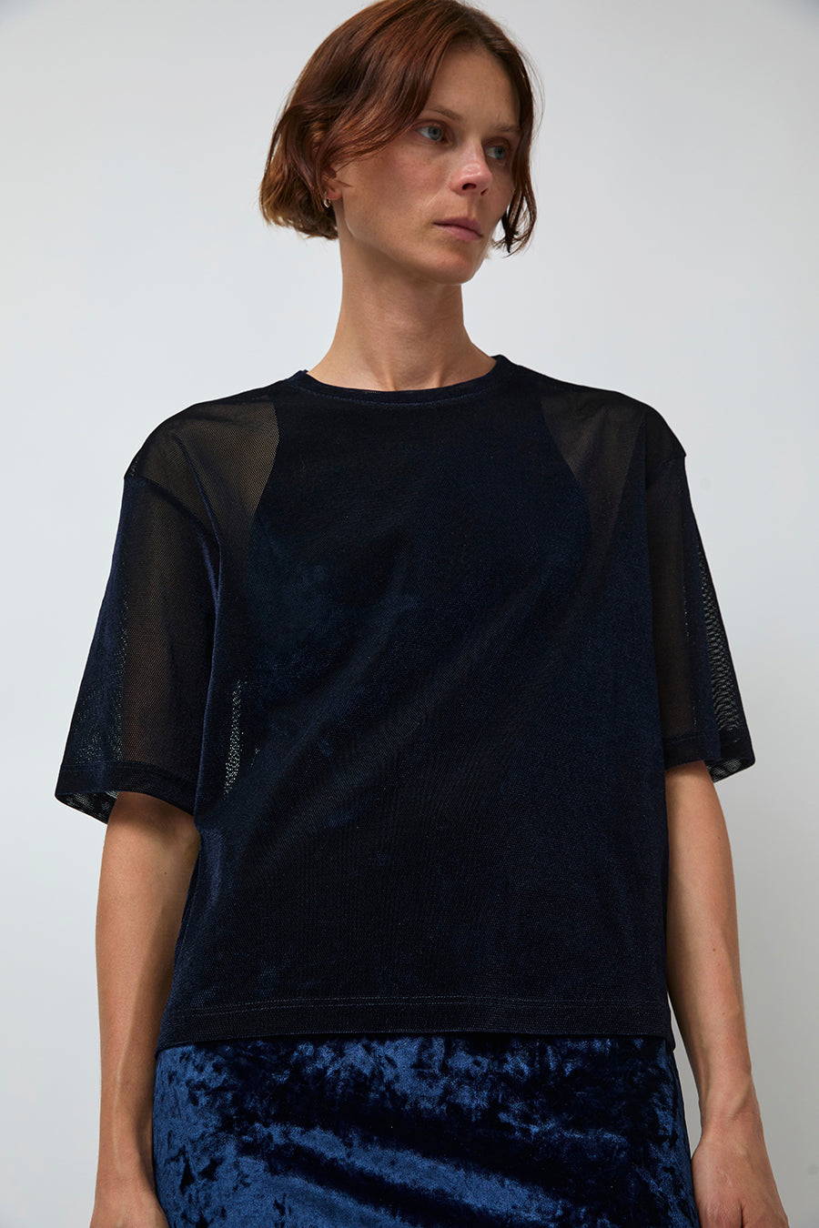 Simone Wild Mesh Velvet Oversized Tee in Marine