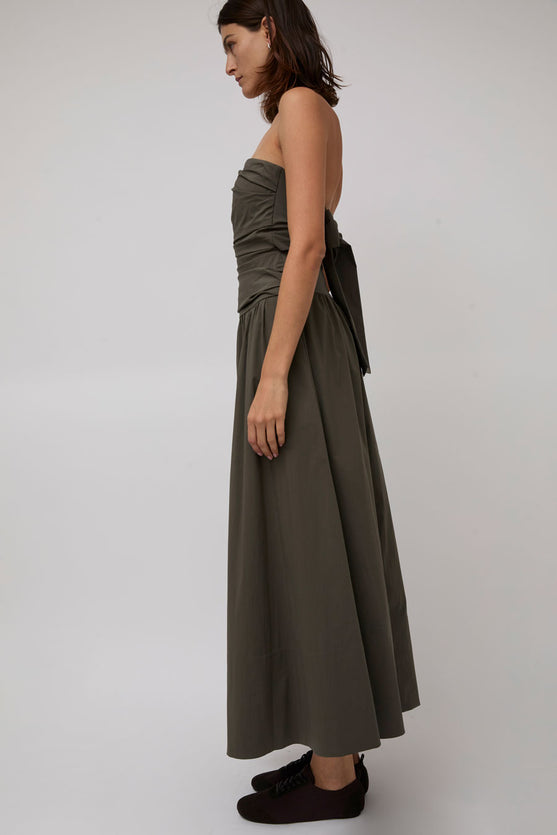St. Agni Gathered Strapless Tie Back Dress in Khaki