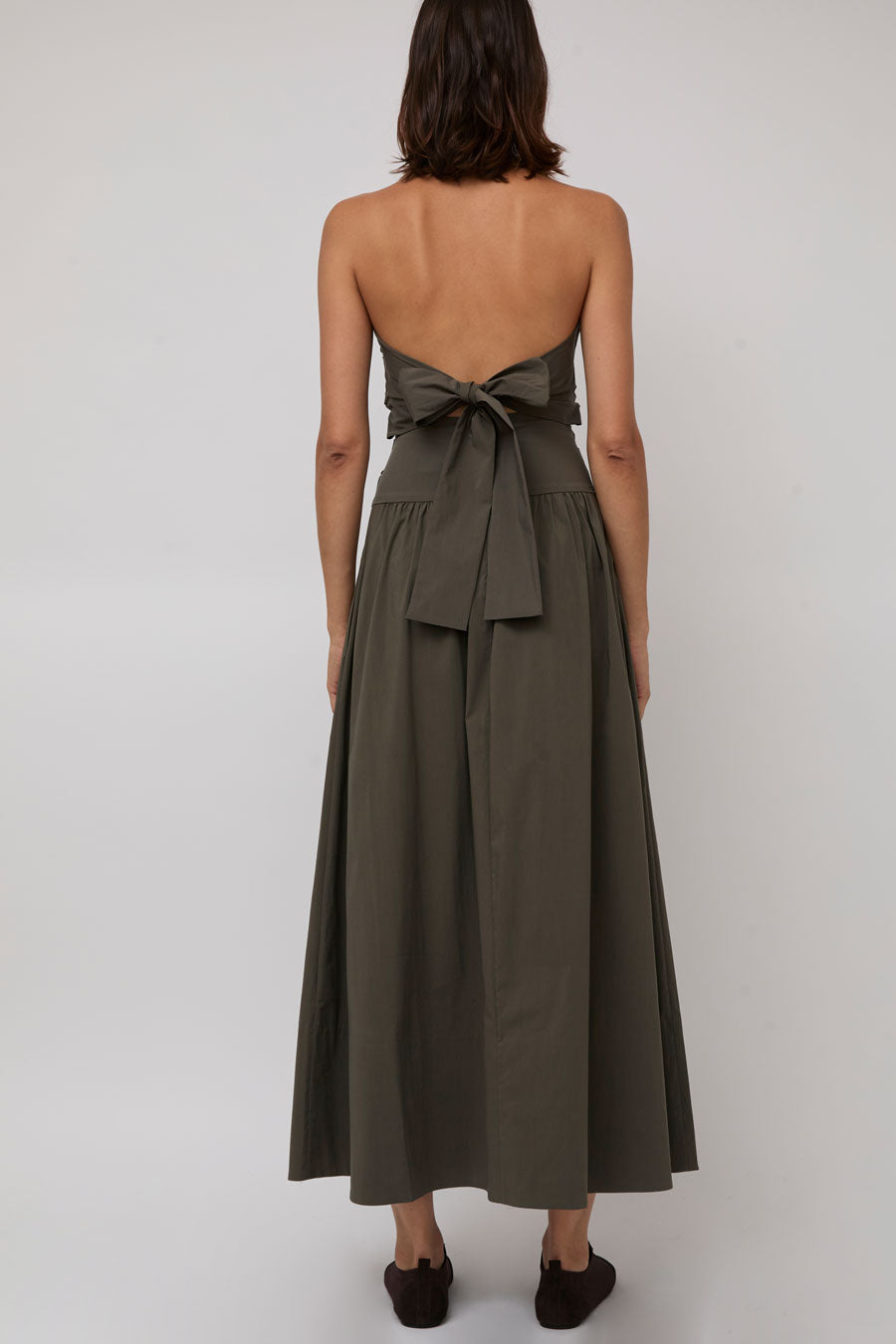 St. Agni Gathered Strapless Tie Back Dress in Khaki