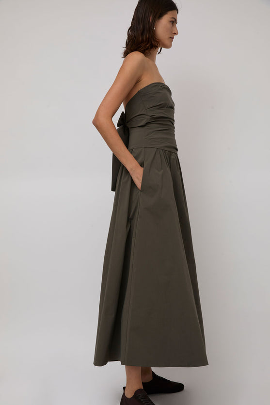 St. Agni Gathered Strapless Tie Back Dress in Khaki