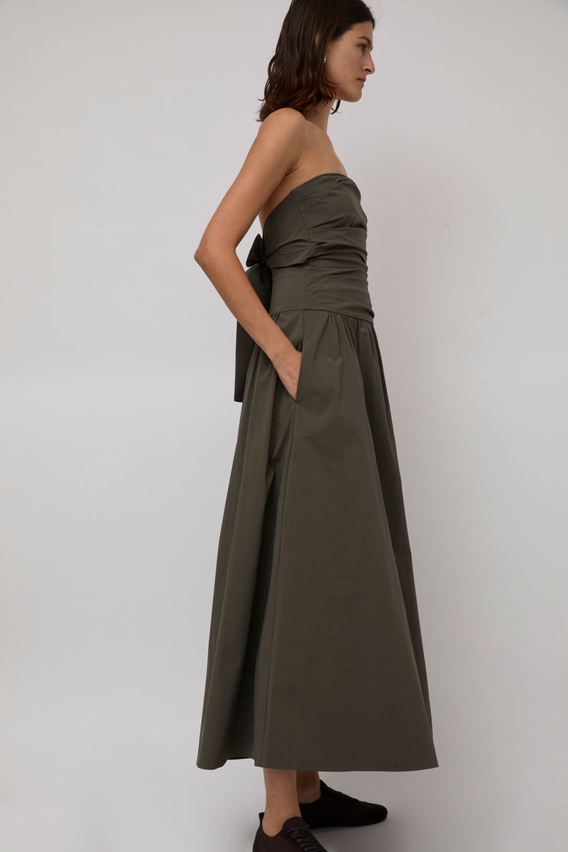 St. Agni Gathered Strapless Tie Back Dress in Khaki
