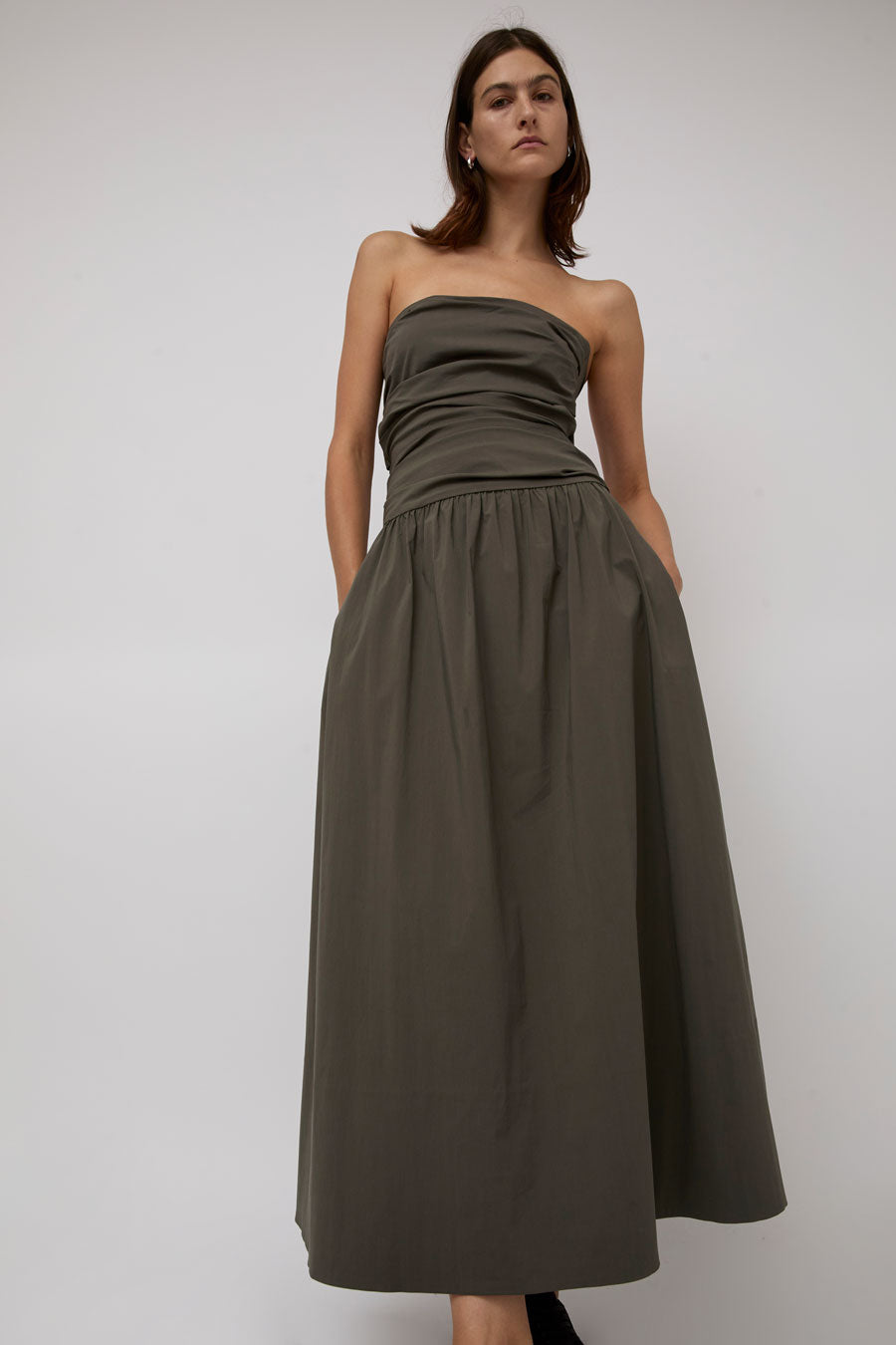 St. Agni Gathered Strapless Tie Back Dress in Khaki