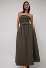St. Agni Gathered Strapless Tie Back Dress in Khaki