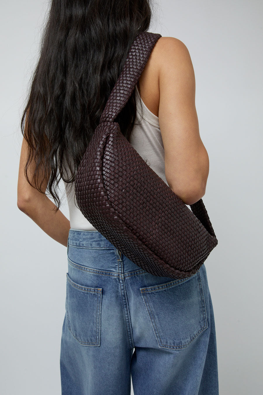 St. Agni Lattice Weave Crescent Bag in Port