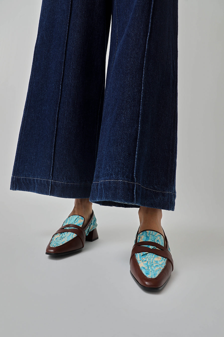 Suzanne Rae Pointed Loafer in Aqua Plissé and Sequoia Nappa