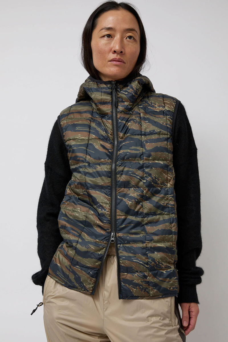 TAION Hooded W-Zip Down Vest in Tiger Stripe