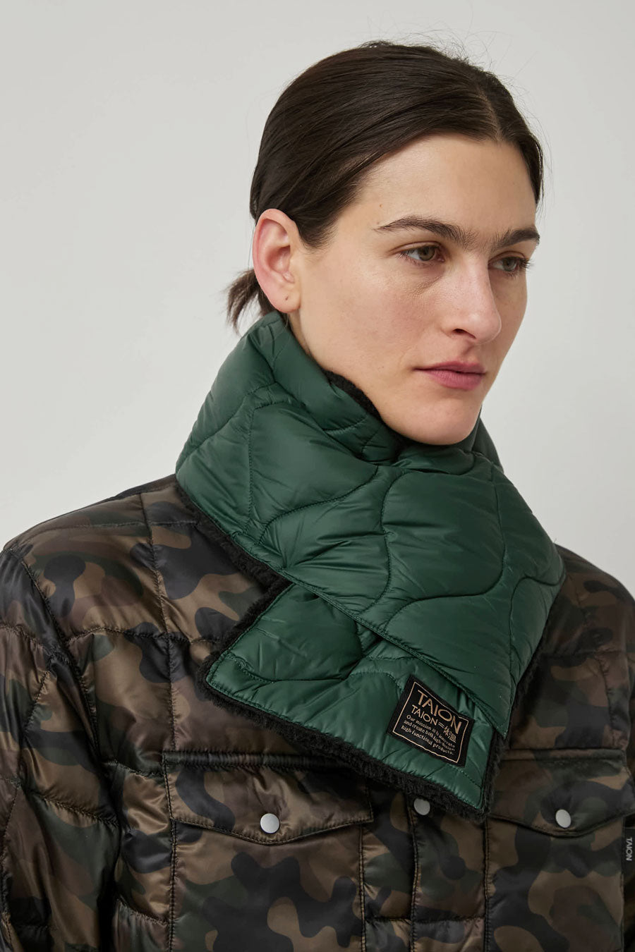 TAION Military Reversible Down Scarf in Green and Black