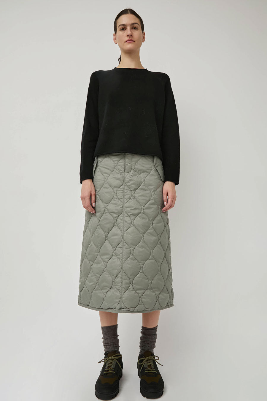 TAION Military Snap Button Down Skirt in Dark Sage