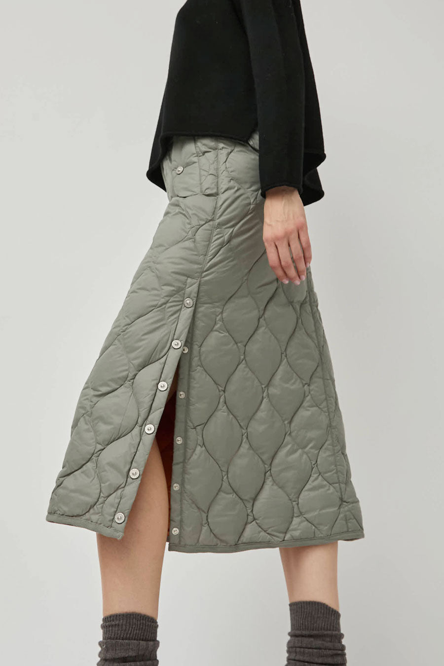 TAION Military Snap Button Down Skirt in Dark Sage