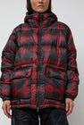 TAION Mountain Packable Volume Down Hoodie in Black and Red Check