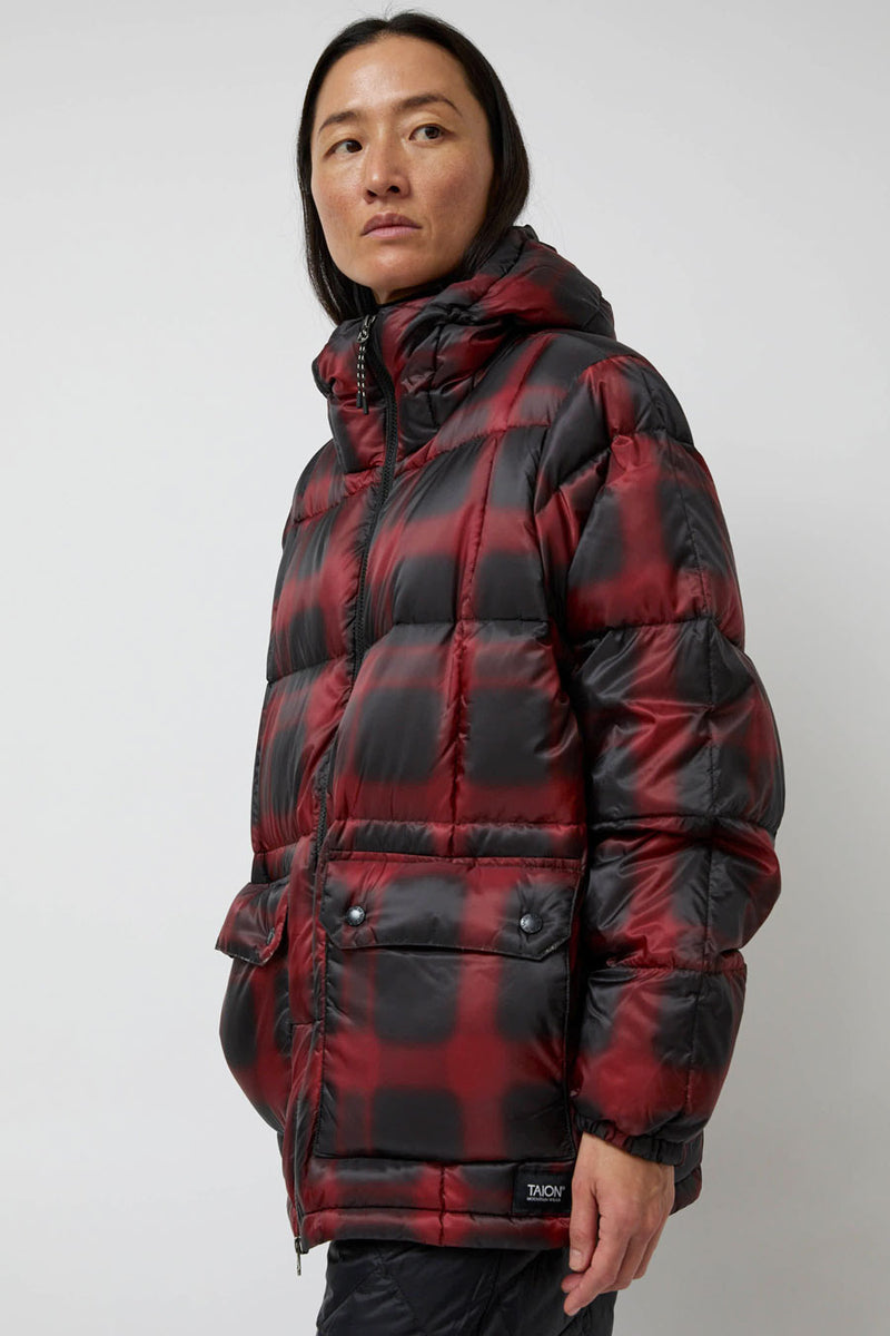 TAION Mountain Packable Volume Down Hoodie in Black and Red Check