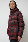 TAION Mountain Packable Volume Down Hoodie in Black and Red Check