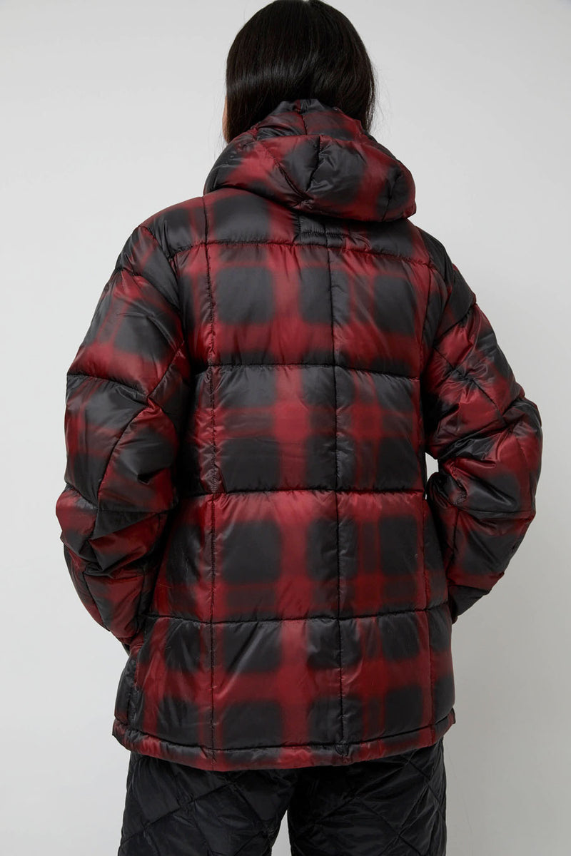 TAION Mountain Packable Volume Down Hoodie in Black and Red Check