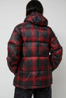 TAION Mountain Packable Volume Down Hoodie in Black and Red Check