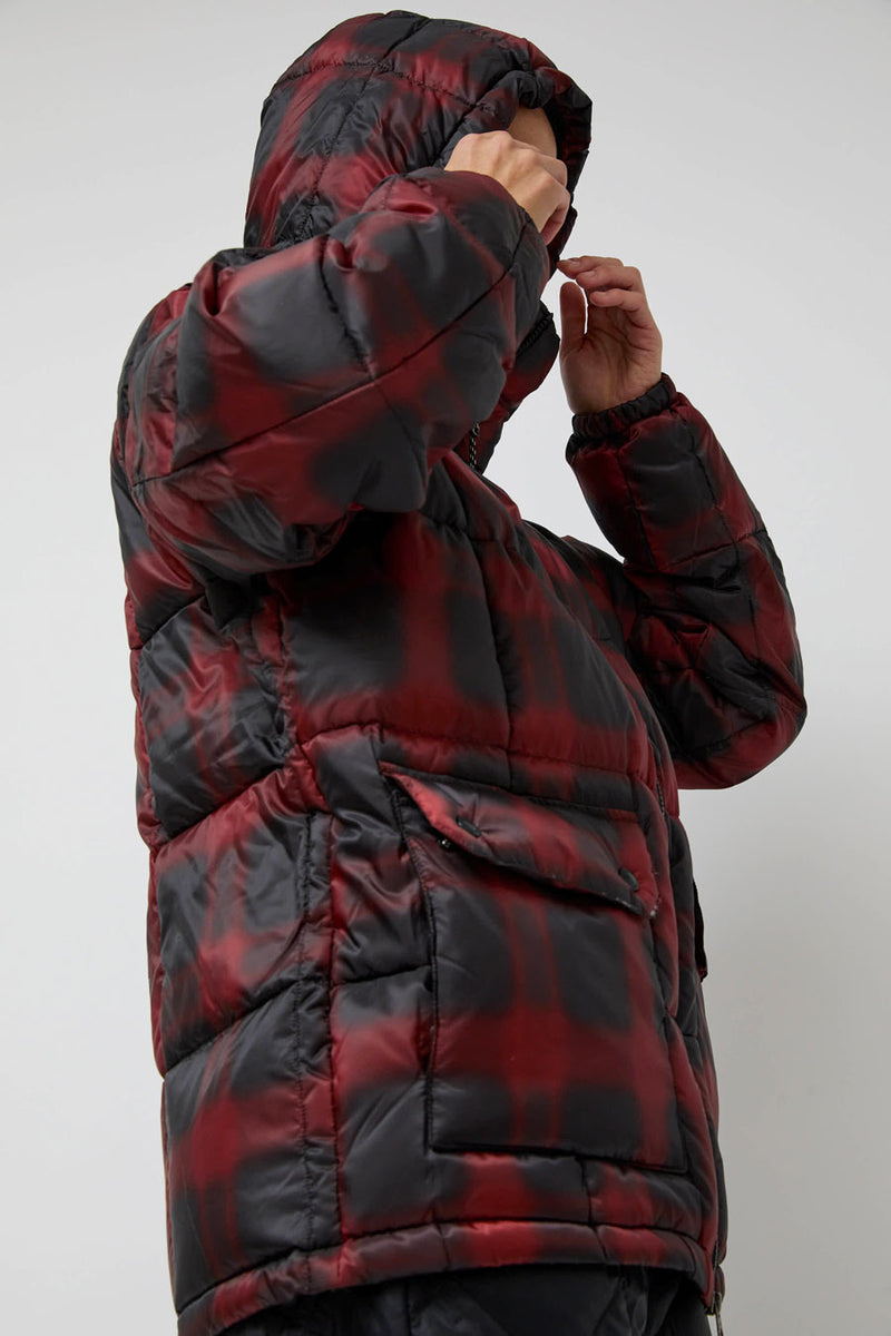 TAION Mountain Packable Volume Down Hoodie in Black and Red Check