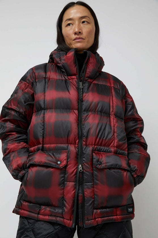 TAION Mountain Packable Volume Down Hoodie in Black and Red Check