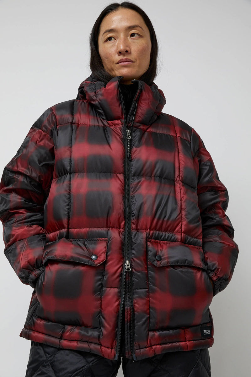 TAION Mountain Packable Volume Down Hoodie in Black and Red Check