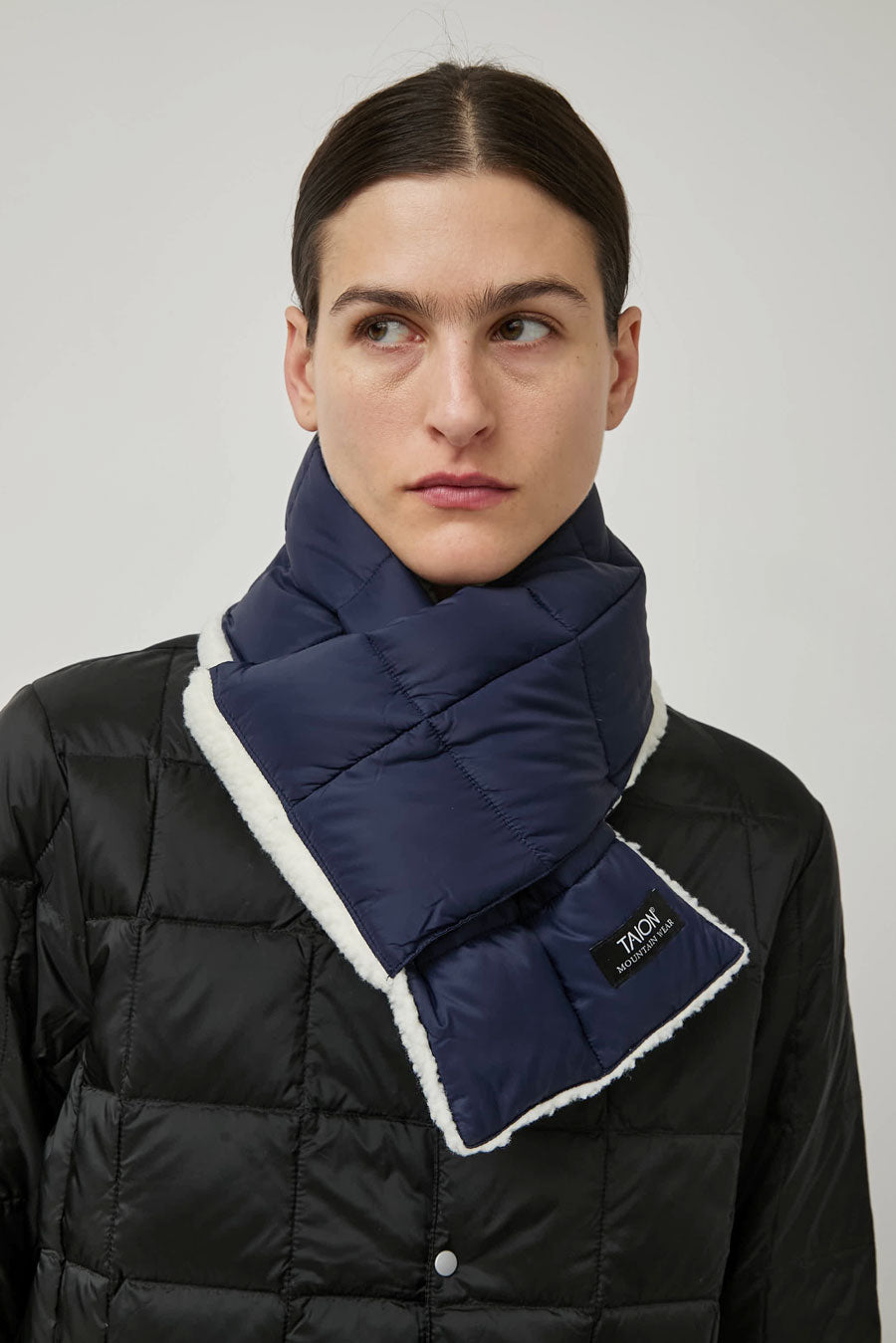 TAION Mountain Reversible Down x BOA Scarf in Navy and Ivory
