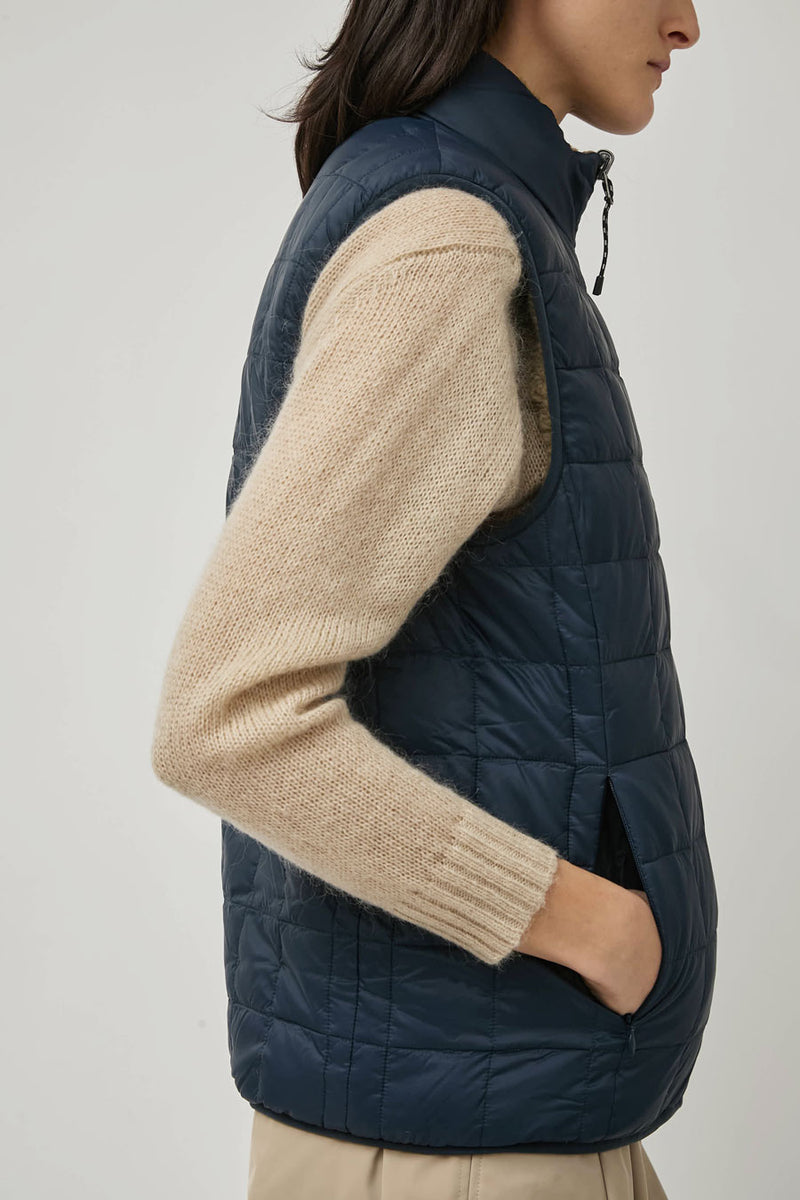 TAION Mountain Reversible Hi-Neck Vest in Dark Navy and Beige