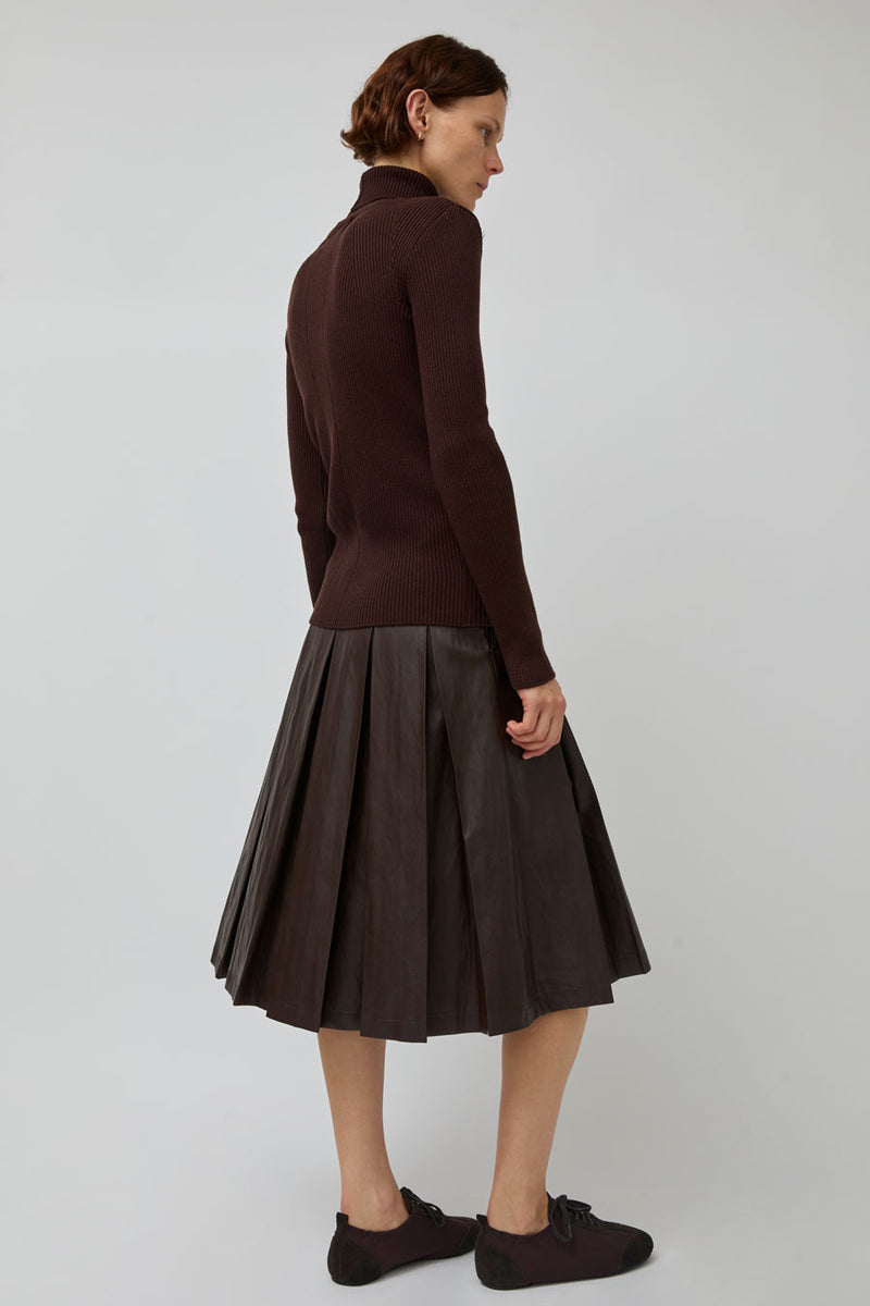 TONYWACK Faux Leather Pleated Midi Skirt in Brown