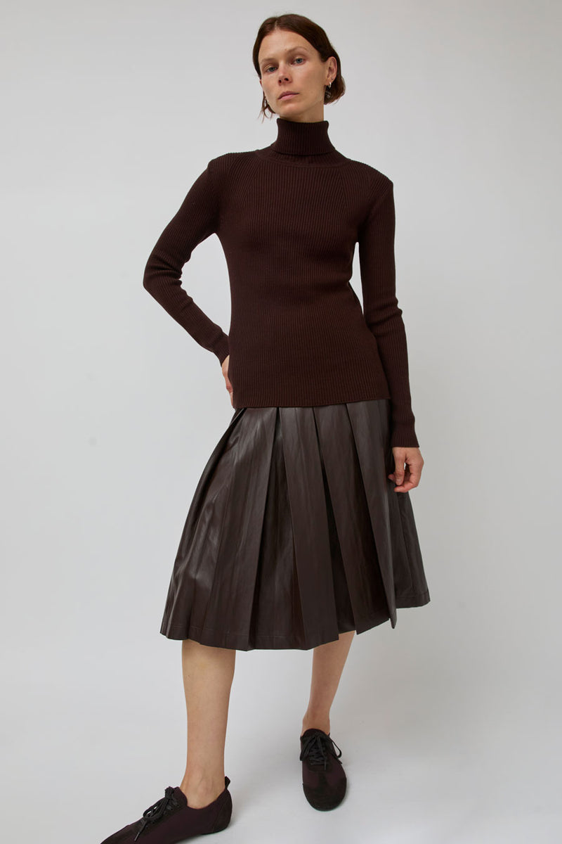 TONYWACK Faux Leather Pleated Midi Skirt in Brown