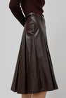 TONYWACK Faux Leather Pleated Midi Skirt in Brown