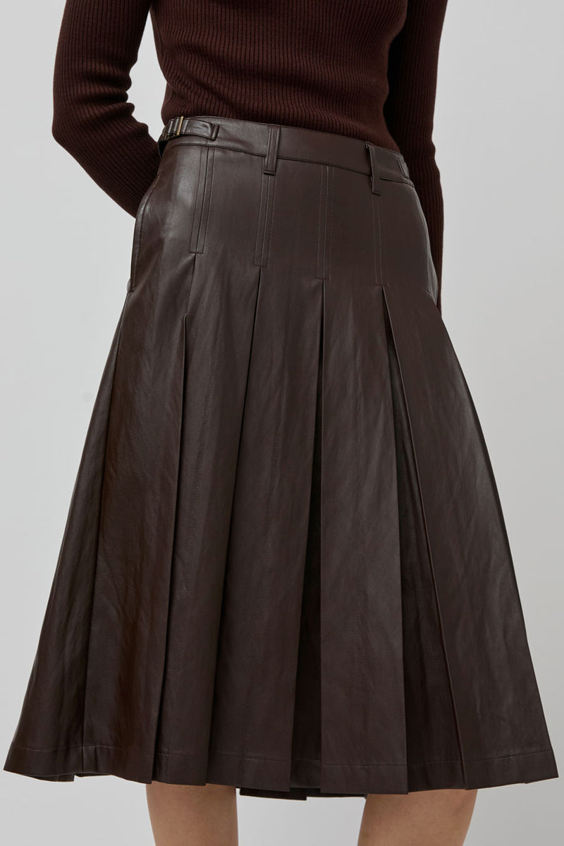 TONYWACK Faux Leather Pleated Midi Skirt in Brown