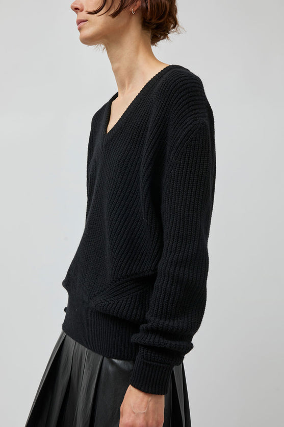TONYWACK Merino Wool V-Neck Sweater in Black