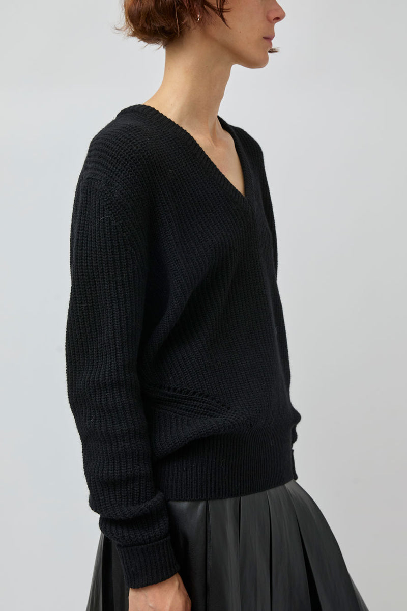 TONYWACK Merino Wool V-Neck Sweater in Black