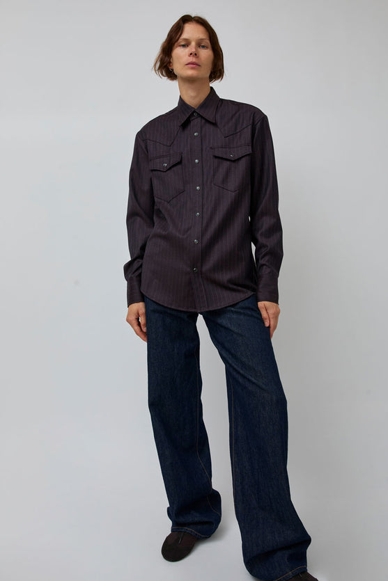 TONYWACK Striped Wool Western Shirt in Dark Burgundy