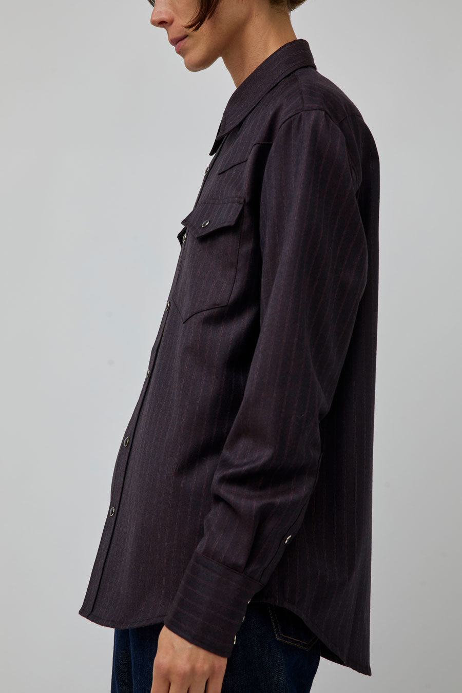 TONYWACK Striped Wool Western Shirt in Dark Burgundy