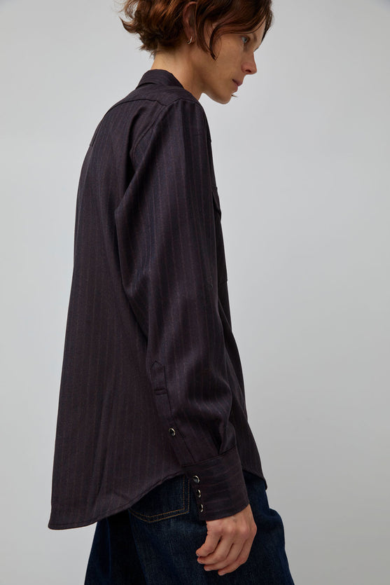 TONYWACK Striped Wool Western Shirt in Dark Burgundy