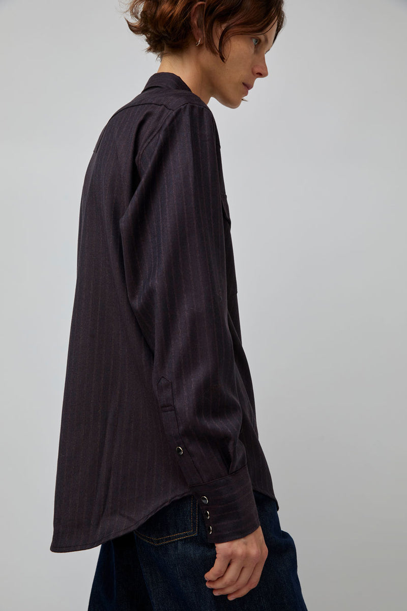 TONYWACK Striped Wool Western Shirt in Dark Burgundy