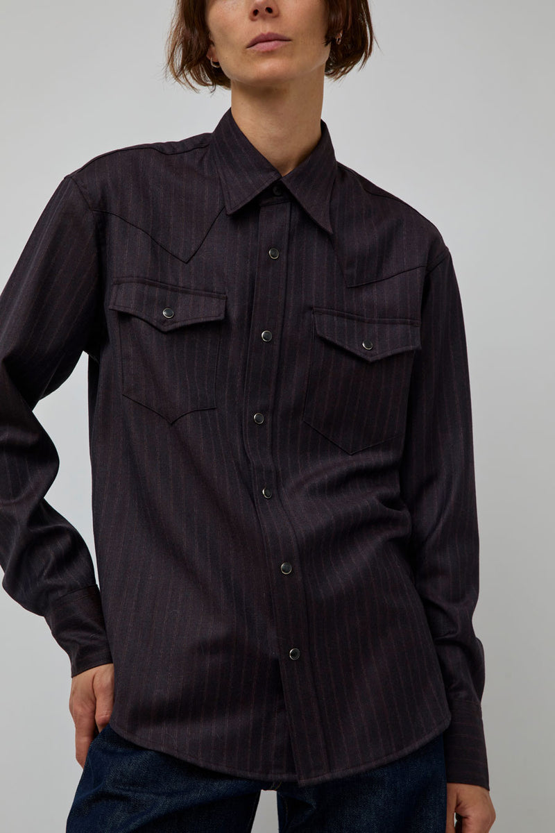 TONYWACK Striped Wool Western Shirt in Dark Burgundy
