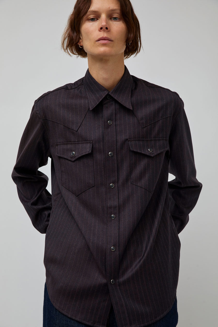 TONYWACK Striped Wool Western Shirt in Dark Burgundy