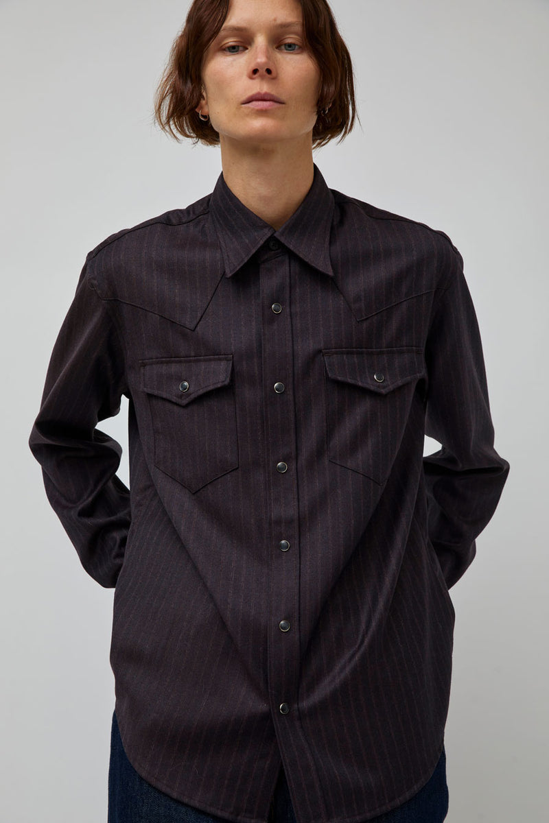 TONYWACK Striped Wool Western Shirt in Dark Burgundy