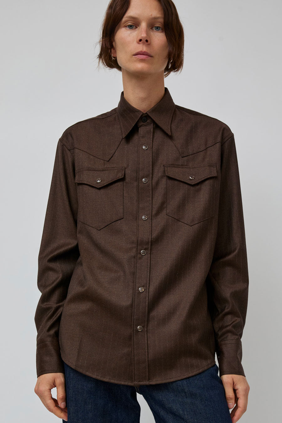 TONYWACK Striped Wool Western Shirt in Sepia Brown