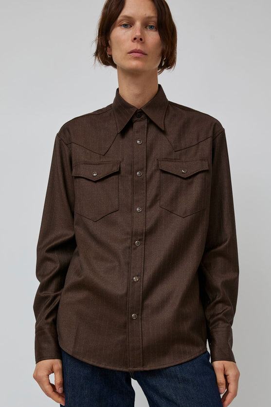 TONYWACK Striped Wool Western Shirt in Sepia Brown