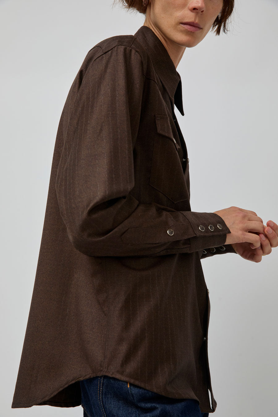 TONYWACK Striped Wool Western Shirt in Sepia Brown
