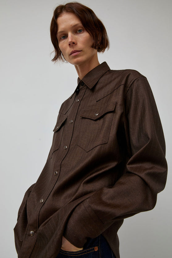 TONYWACK Striped Wool Western Shirt in Sepia Brown