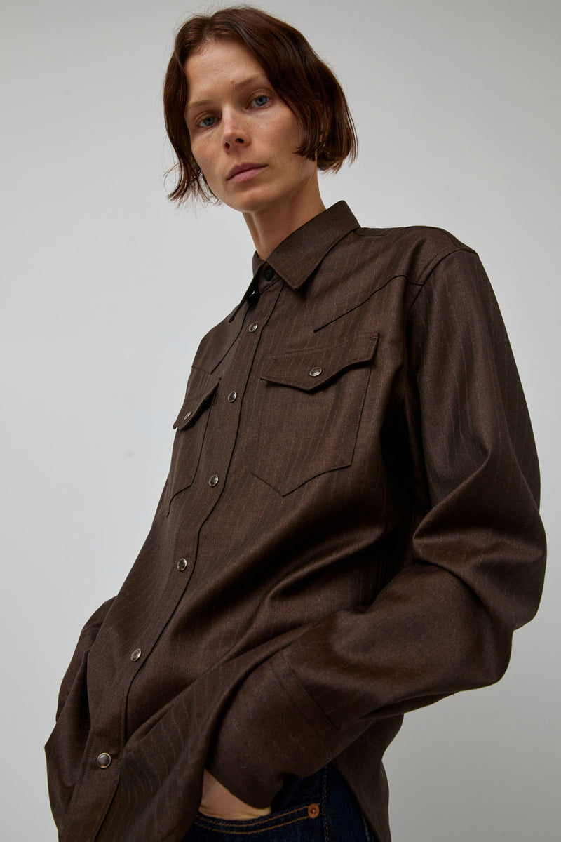 TONYWACK Striped Wool Western Shirt in Sepia Brown
