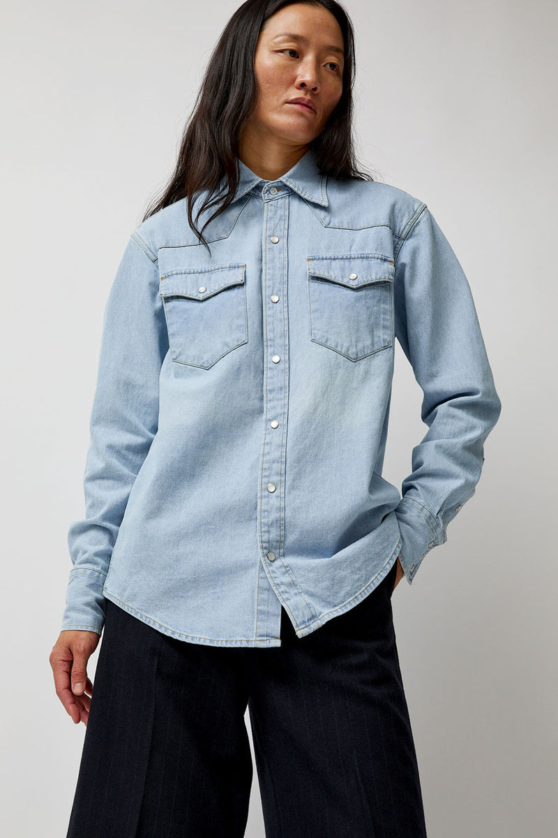 TONYWACK Washed Denim Western Shirt in Washed Light Blue