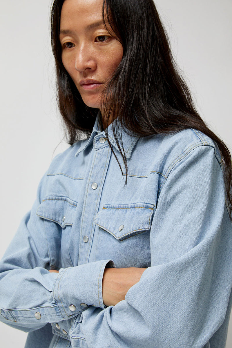 TONYWACK Washed Denim Western Shirt in Washed Light Blue