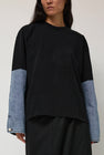 Façon Jacmin Tom T-Shirt with Denim Sleeves in Black and Light Blue