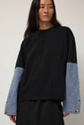 Façon Jacmin Tom T-Shirt with Denim Sleeves in Black and Light Blue