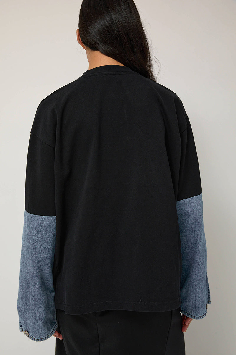 Façon Jacmin Tom T-Shirt with Denim Sleeves in Black and Light Blue