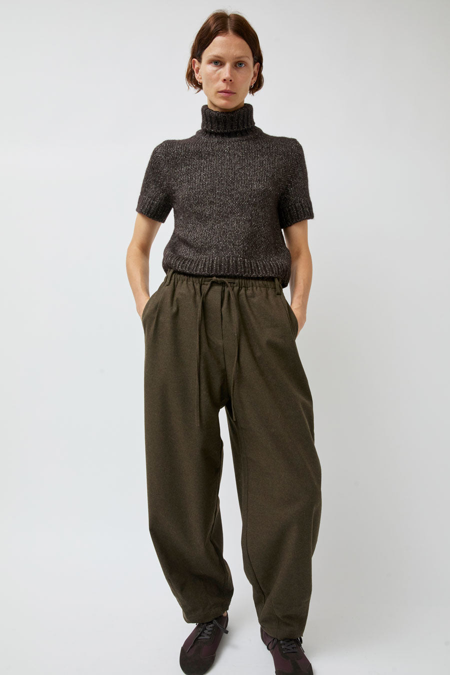 UMARMUNG Wool Flannel Oval Silhouette Pants in Dark Olive
